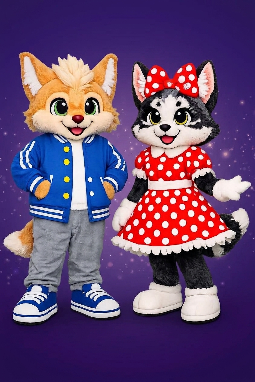 Finn und Finja Maskottchen-Kostüme live auf der Fläche